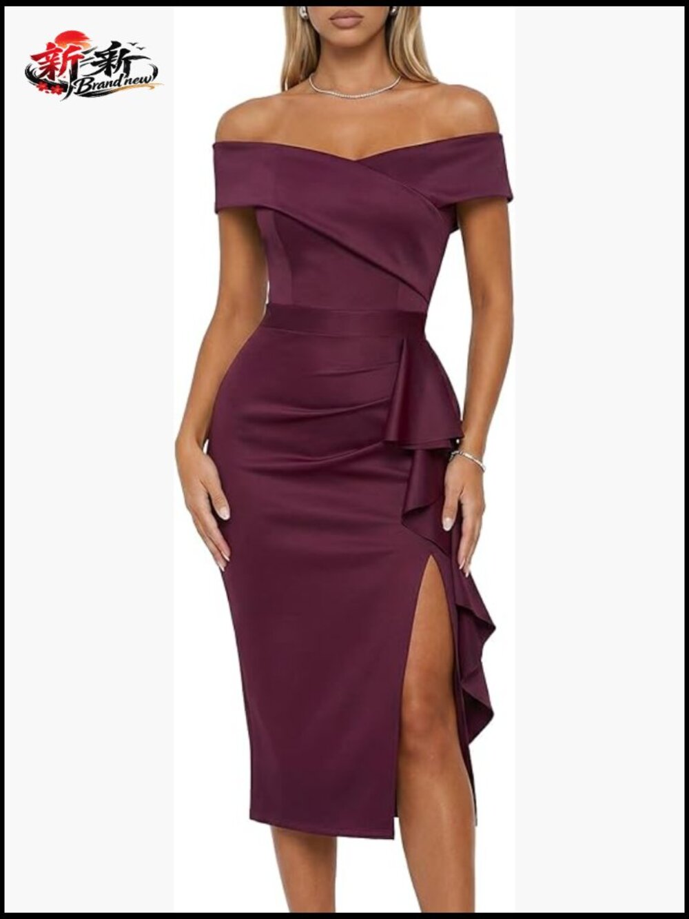 Off Shoulder Ruched Midi Dress with Built-in Bra Cocktail Bodycon